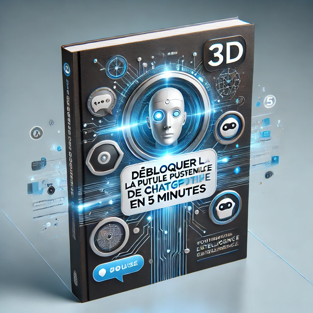 A 3D modern and sleek cover of a digital mini-guide titled 'Débloquer la pleine puissance de ChatGPT en 5 minutes'. The design is professional and technology-inspired, featuring dynamic colors (blue, white, and black) reminiscent of the artificial intelligence world. The background includes visual elements symbolizing AI, such as neural circuits, virtual assistant icons, or conversation bubbles simulating a chatbot. The overall aesthetic conveys a sense of speed, optimization, and clarity, with the title prominently displayed.