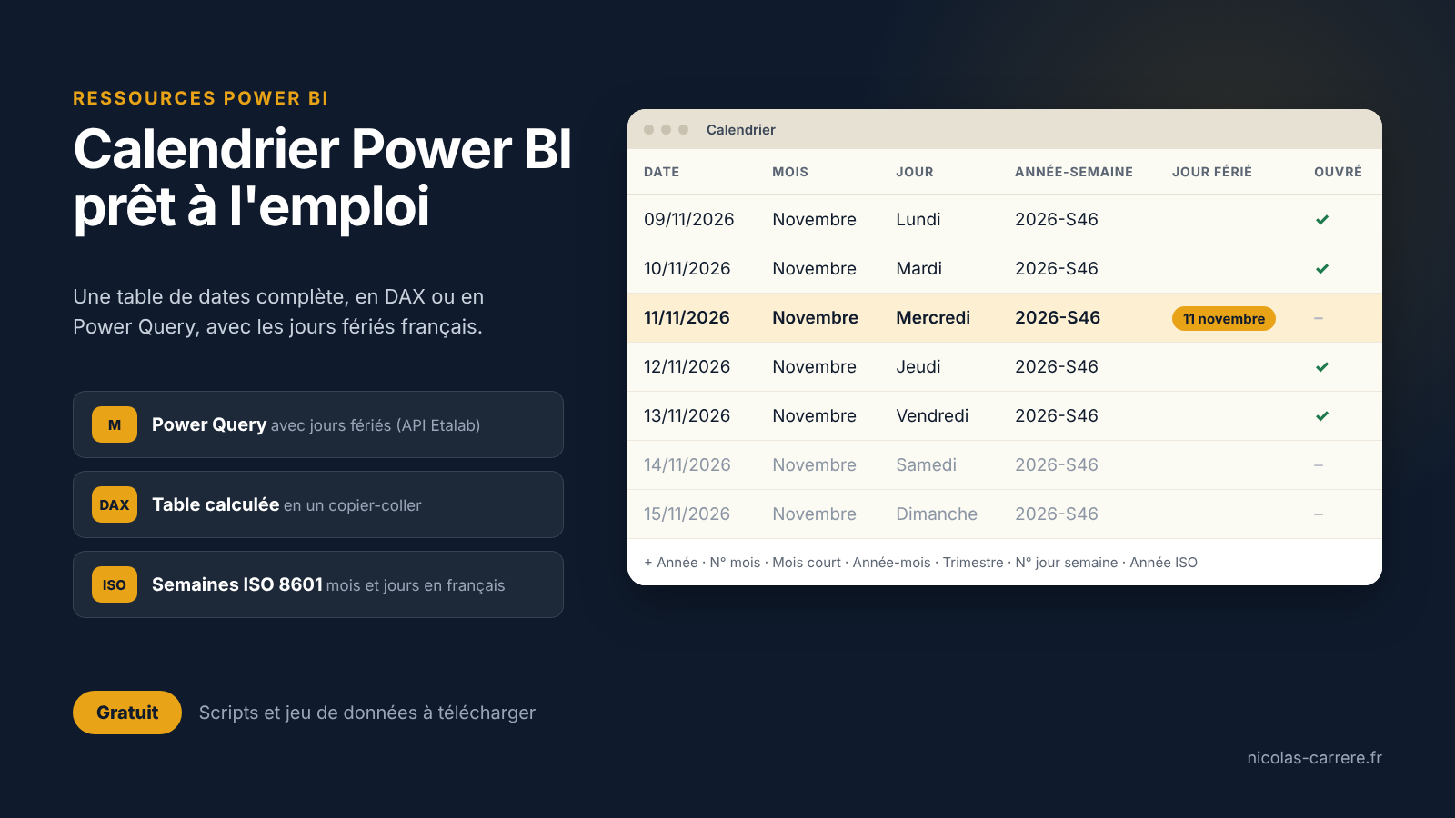 Calendrier Power BI en DAX et Power Query avec jours fériés français et semaines ISO
